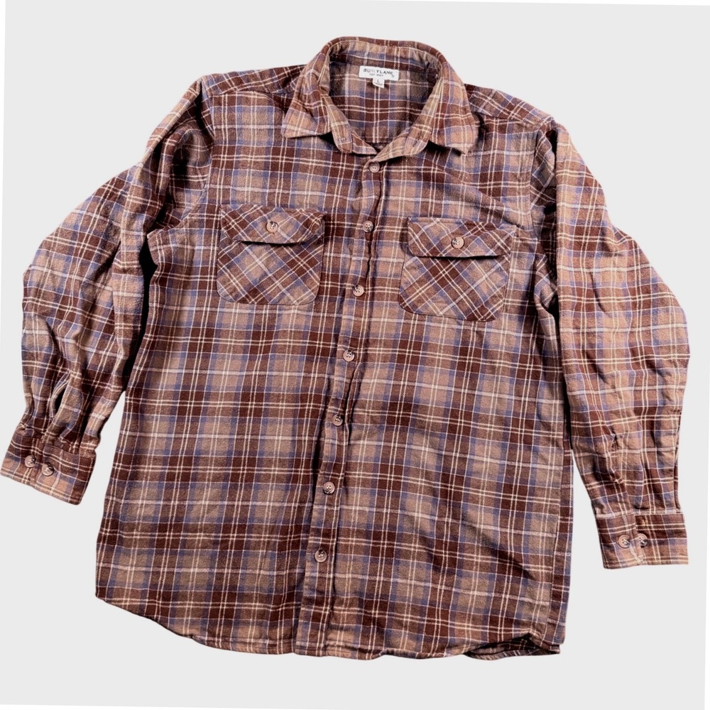 BURRY LANE for Men Flannel‎ Shirt Button Front Plaid L Brown Blue 100% Cotton